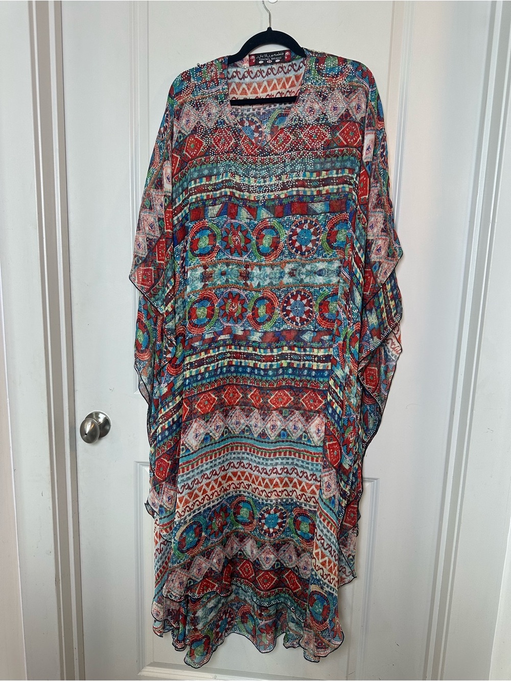 Cultural Colorful V-Neck Embellished Full Length Sheer Caftan/Coverup/Mumu, OS